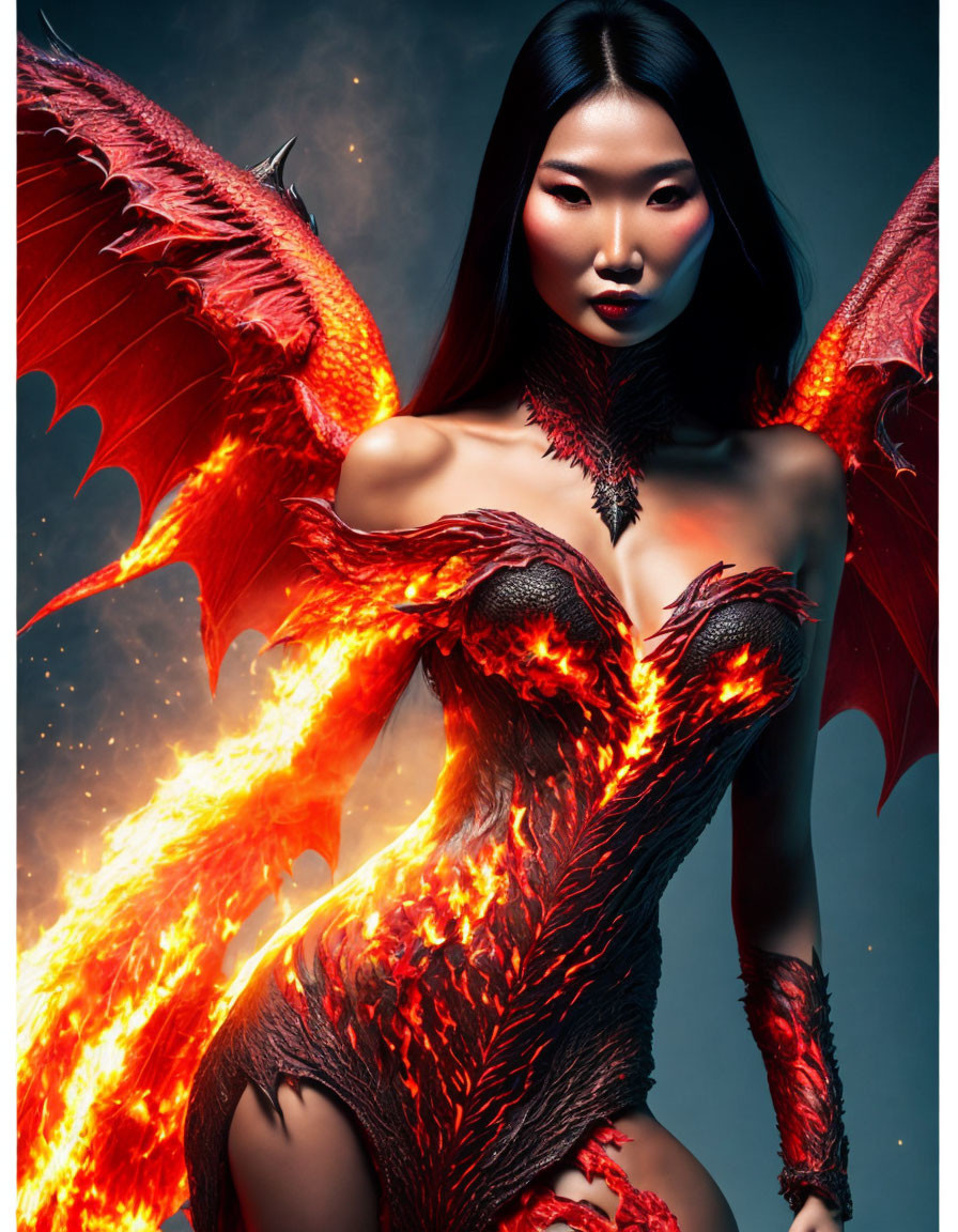 Dragon-Inspired Figure with Fiery Armor and Wings