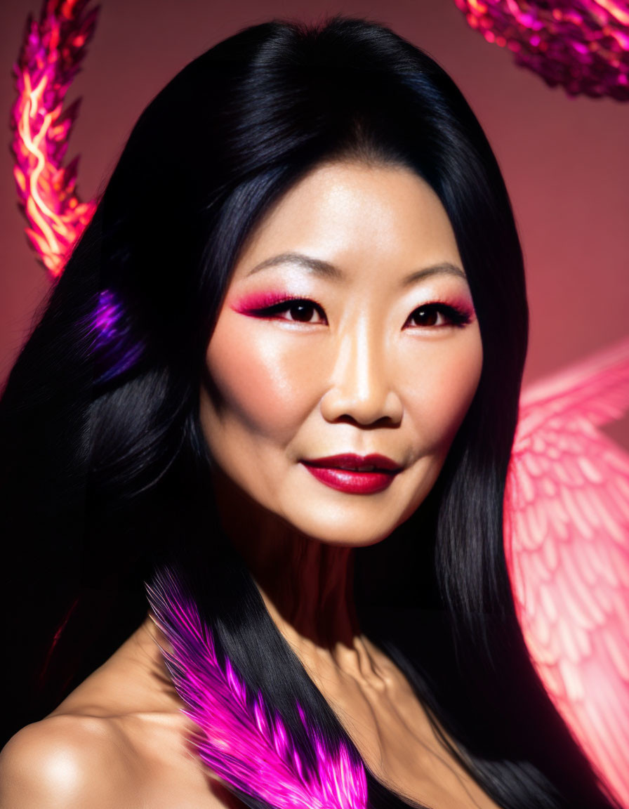 Portrait of Woman with Black Hair and Red Makeup on Pink Backdrop