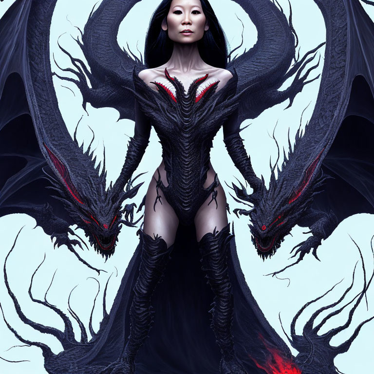 Fantasy woman in black dragon costume against dragon backdrop