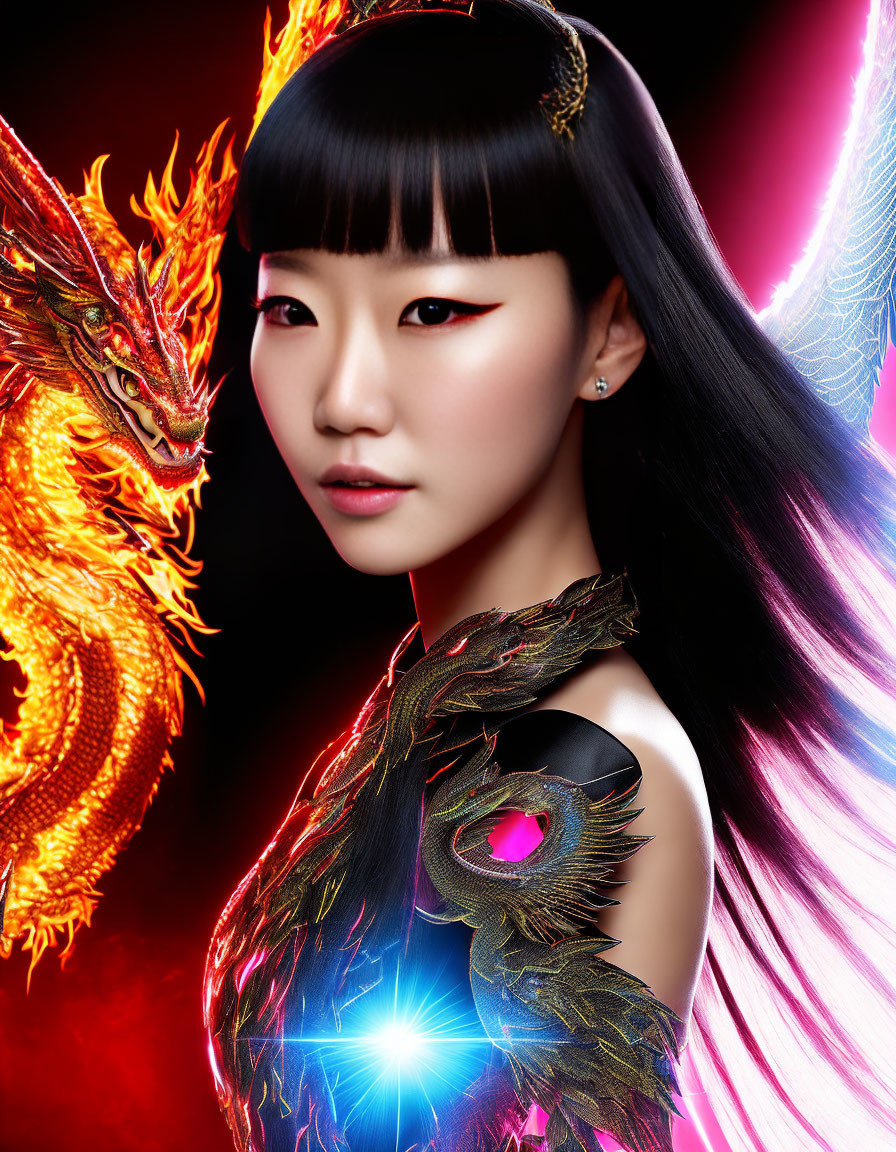 Fantasy armor woman with fiery dragon on red background