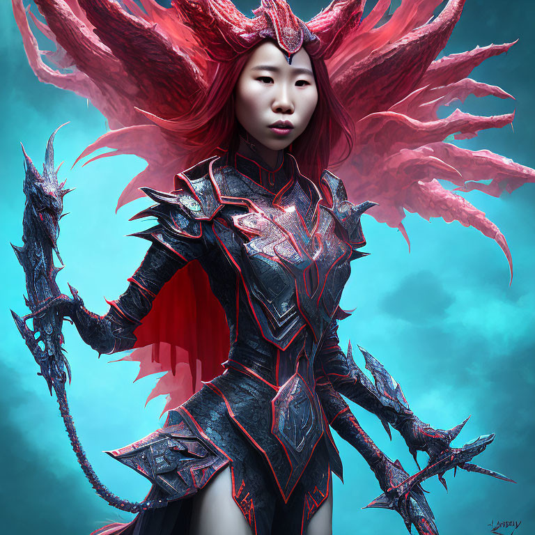 Female warrior in red and black dragon-themed armor on teal background