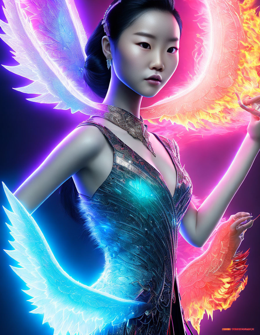 Mystical woman with fiery orange and icy blue wings holding a glowing orb on vibrant backdrop