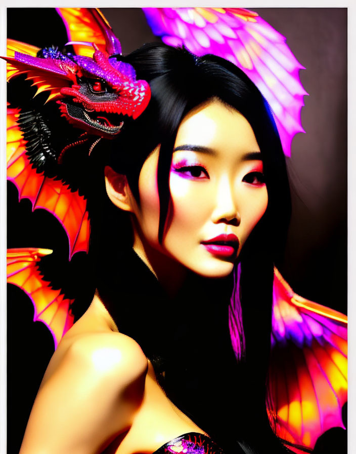 Colorful Woman with Dragon Headdress and Wings Displayed