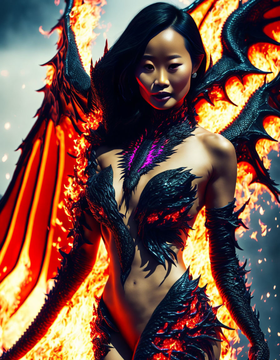 Person with Dragon-like Wings and Fiery Thematic Elements in Dark Attire