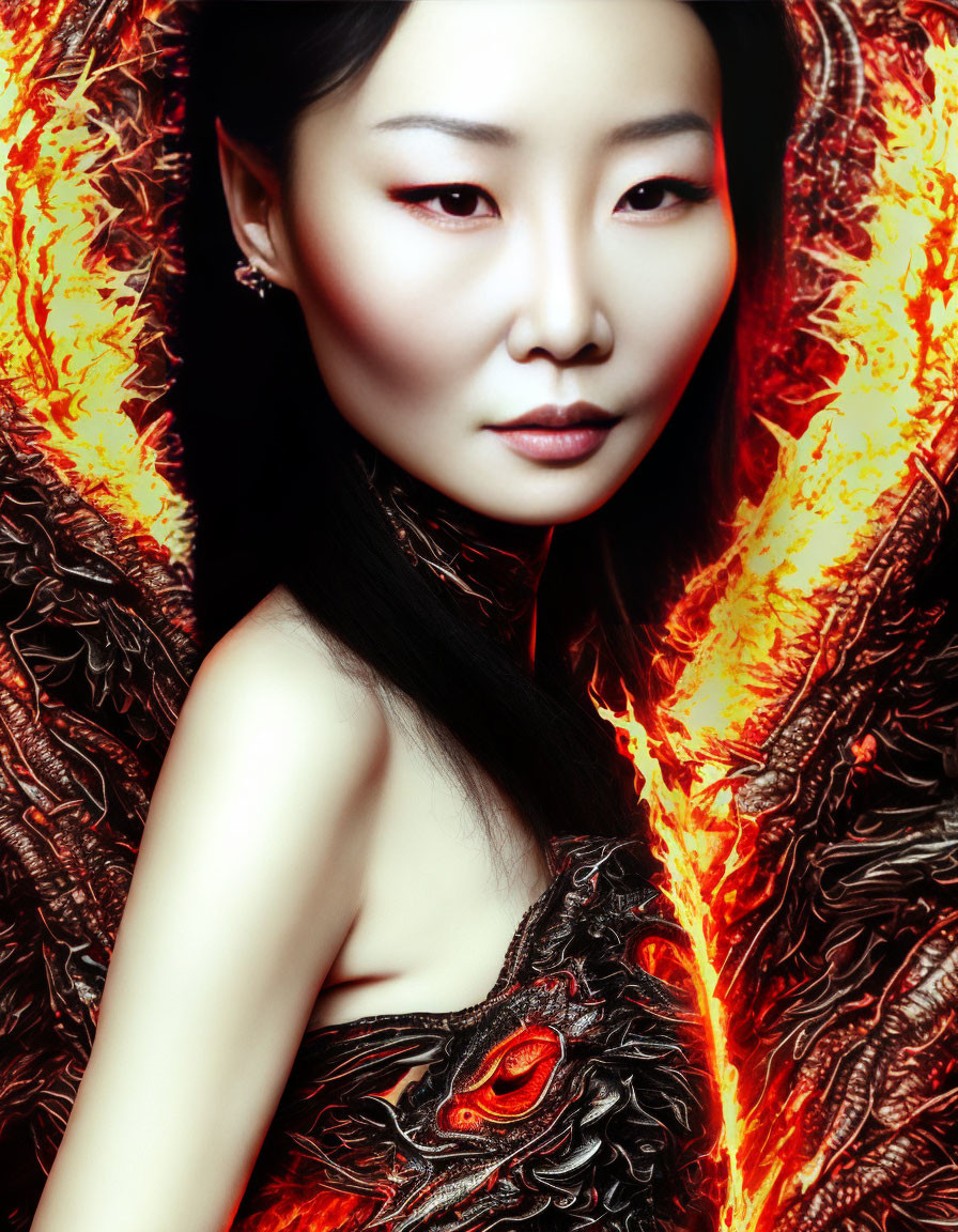 Woman with Striking Makeup in Fiery Attire Surrounded by Vivid Flames