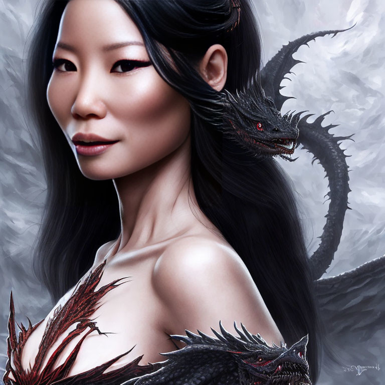 Enigmatic woman and menacing black dragon in misty setting