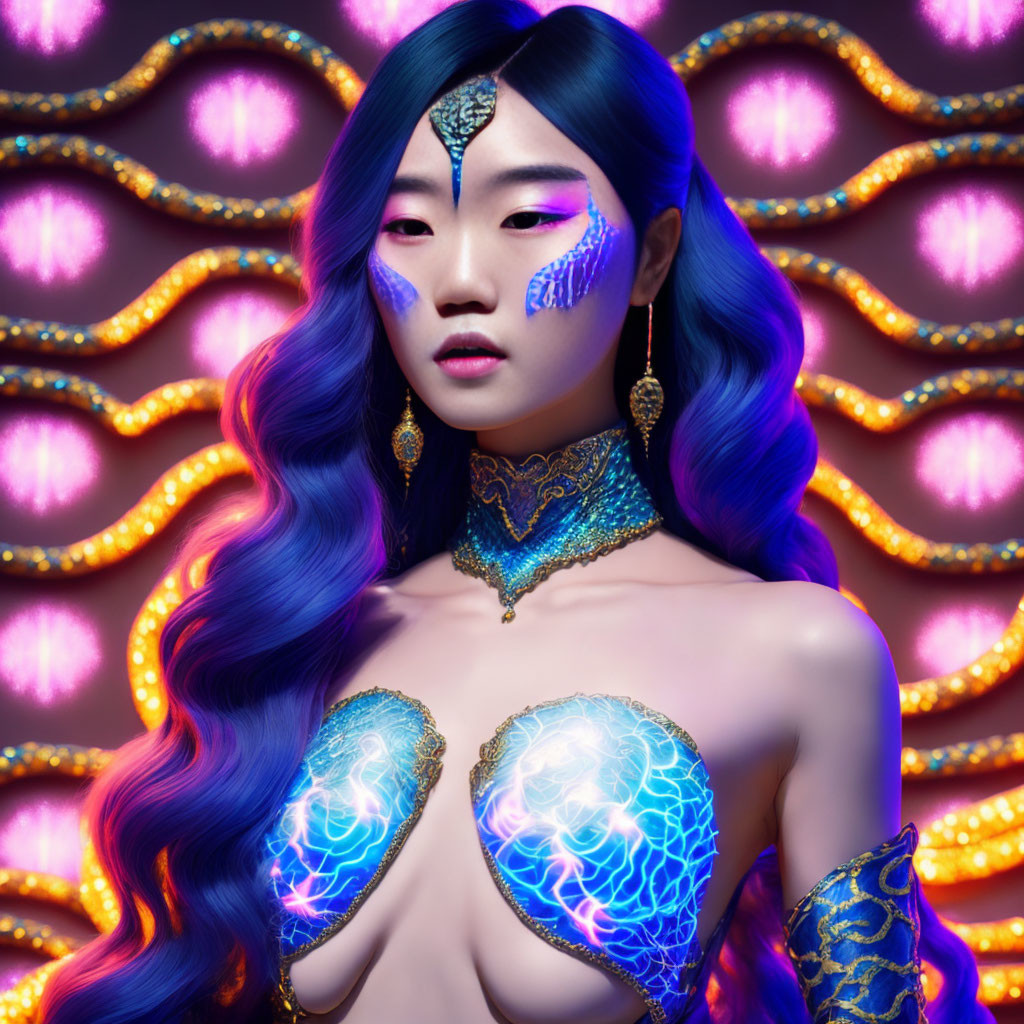 Digital artwork: Woman with blue hair, glowing body art, futuristic attire on purple background