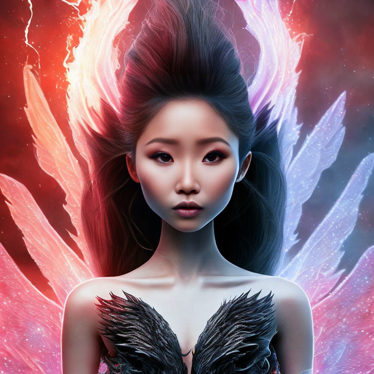 Fantastical portrait of a woman with vibrant feathered wings on fiery and icy backdrop