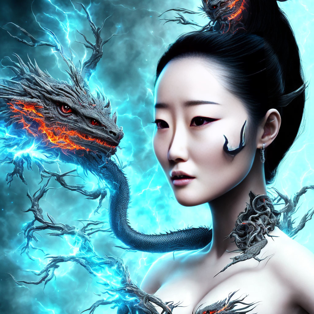 Woman with artistic makeup beside red-eyed dragon in blue lightning