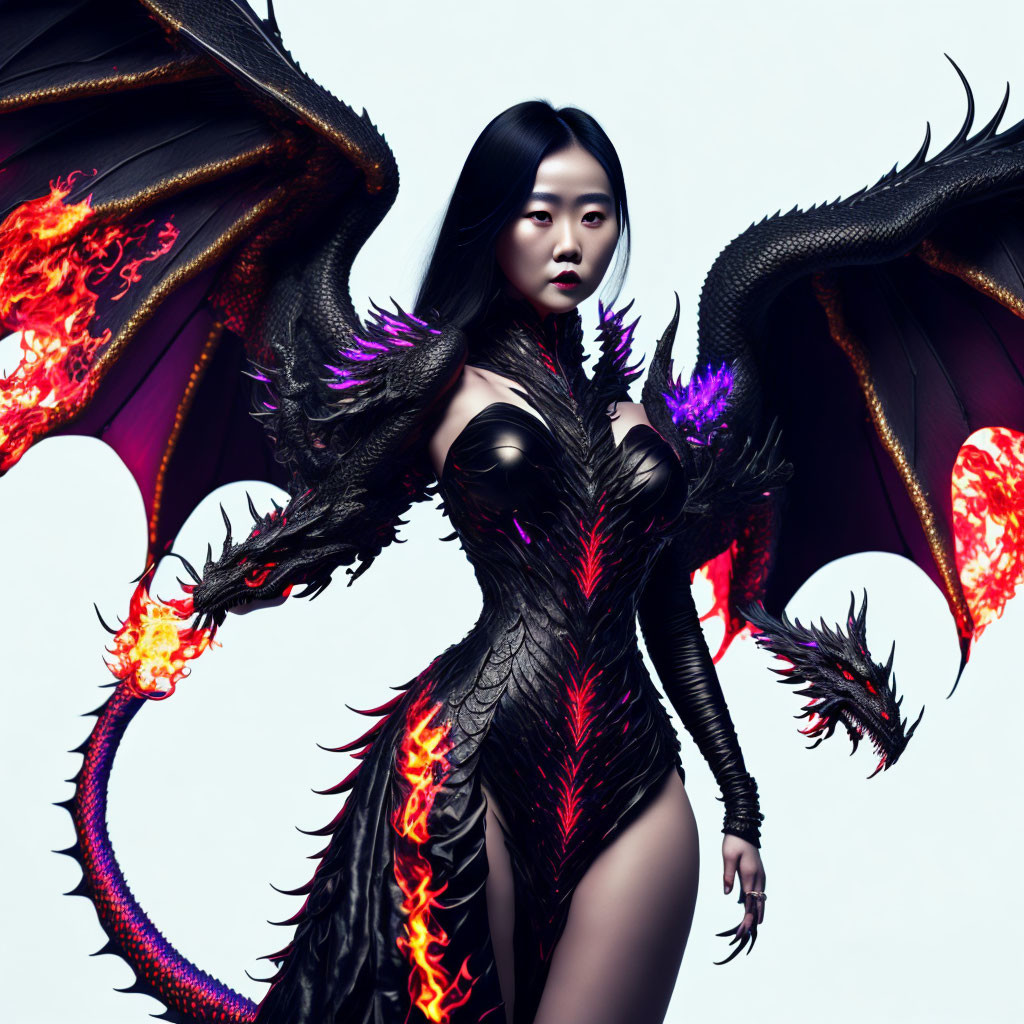 Elaborate Black and Red Dragon Costume with Wings and Fiery Details