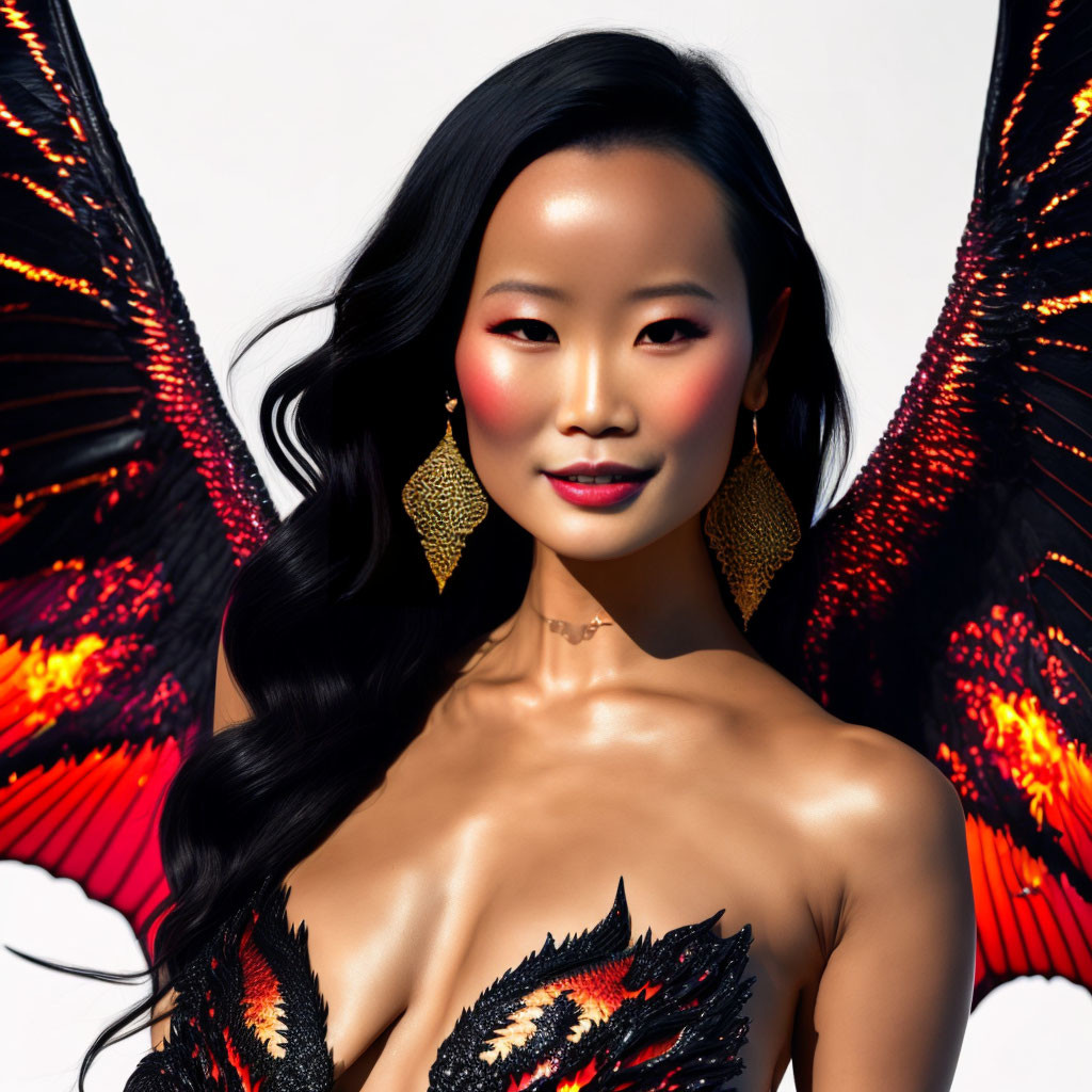 Woman with fiery winged eye makeup, black hair, golden earrings, and butterfly wings.