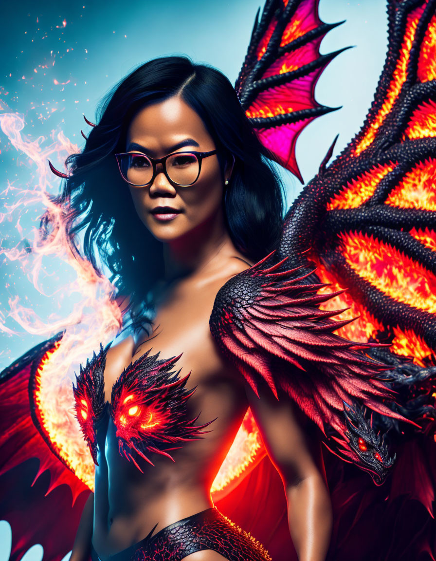 Confident figure with dragon wings and fiery flames