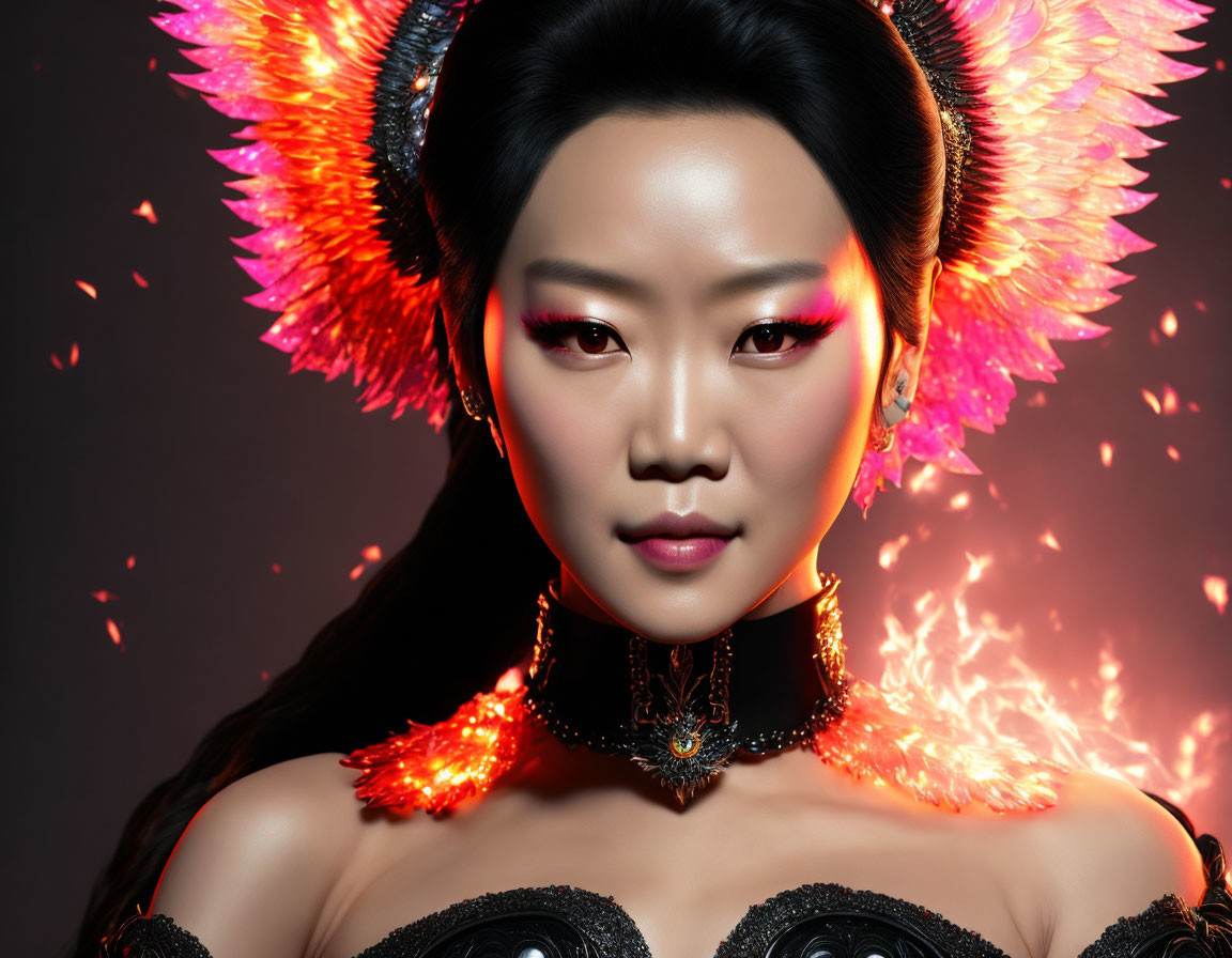 Woman in fiery-themed attire with dramatic makeup & glowing ember-like accents