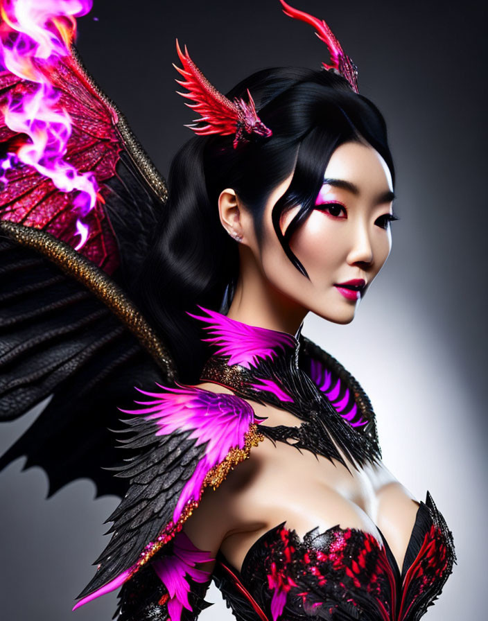 Digital artwork: Woman with black feathered wings, pink accents, and glowing purple effects in Asian-inspired