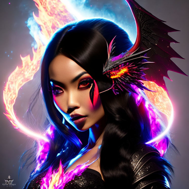 Digital artwork featuring woman with striking makeup and fantasy elements