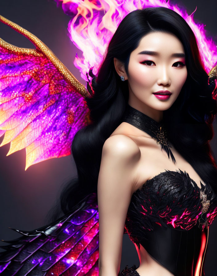 Long black hair woman with fiery dragon wings and striking makeup in thematic attire on dark background