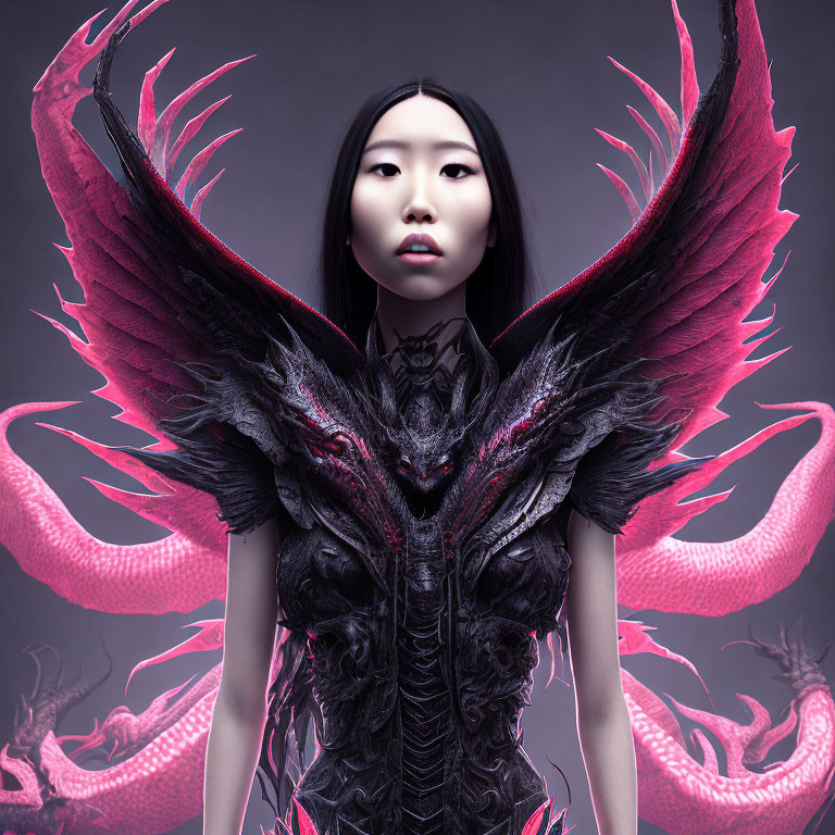 Elaborate dark armor with wing-like structures on woman, surrounded by glowing pink tendrils