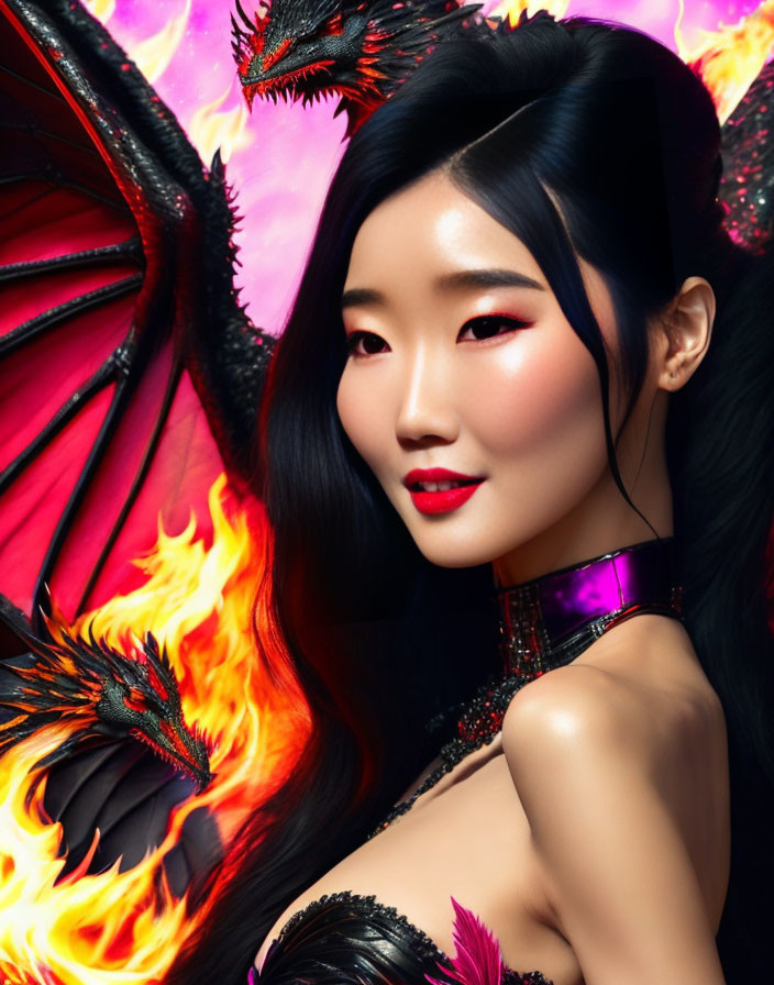 Fantasy-inspired composition with woman, fiery elements, and dragon motifs