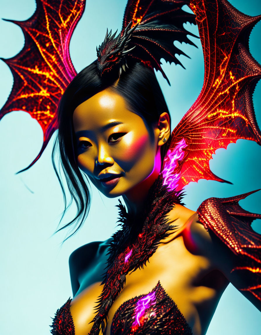 Vibrant Dragon-Inspired Attire with Dramatic Headdress