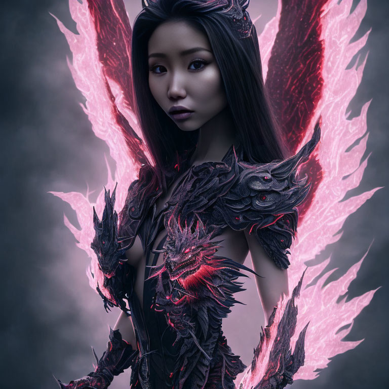 Dark-haired woman in mystical armor with glowing pink wings and shoulder guard.