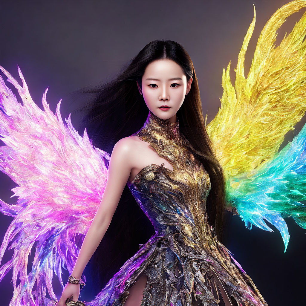 Colorful Angel Wings and Golden Dress with Feathers