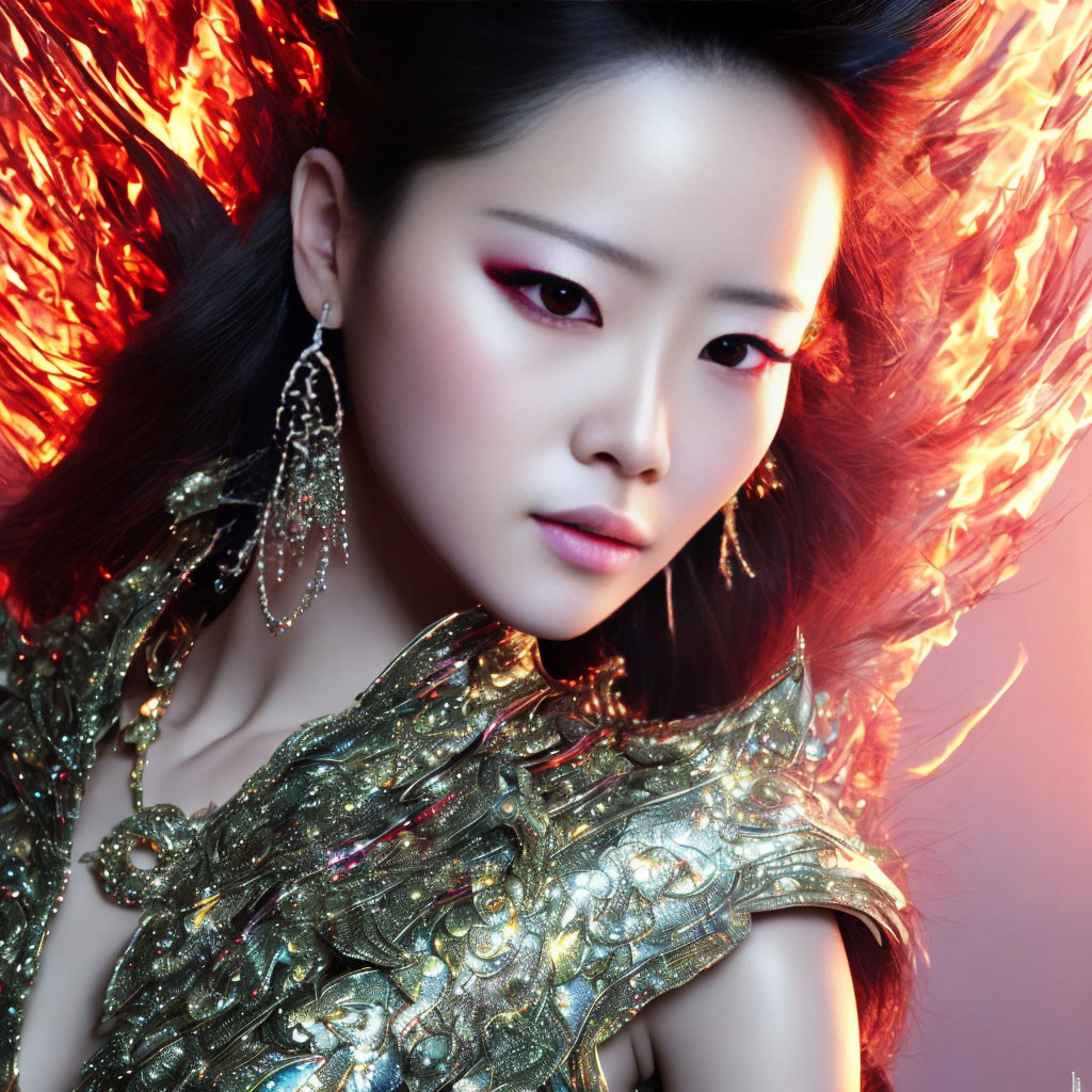 Woman with dramatic makeup and ornate golden jewelry under fiery orange lighting