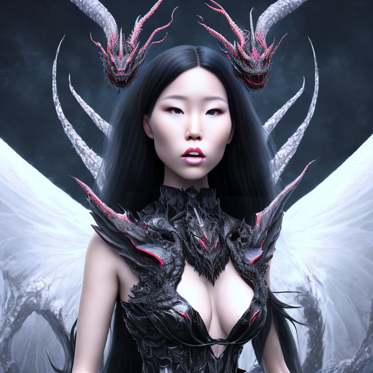 Fantasy woman with pale wings, dark armor, red accents, and dragon-like creatures.