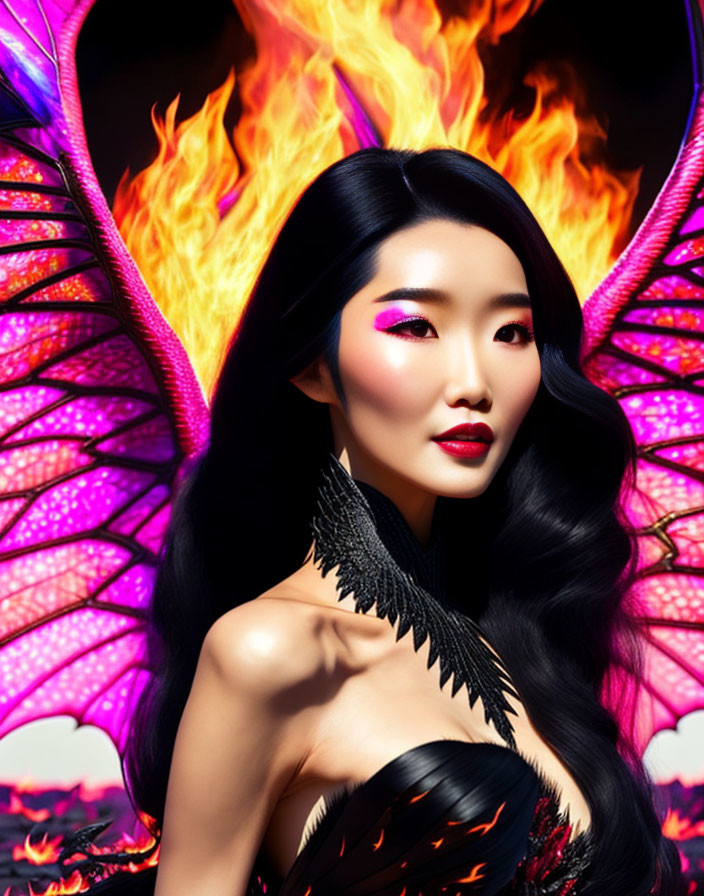 Woman with dramatic makeup superimposed on fantasy background with fiery dragon wings