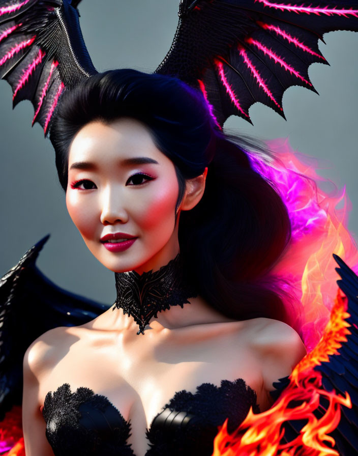 Woman with Dragon Wings and Fiery Effects in Gothic Attire