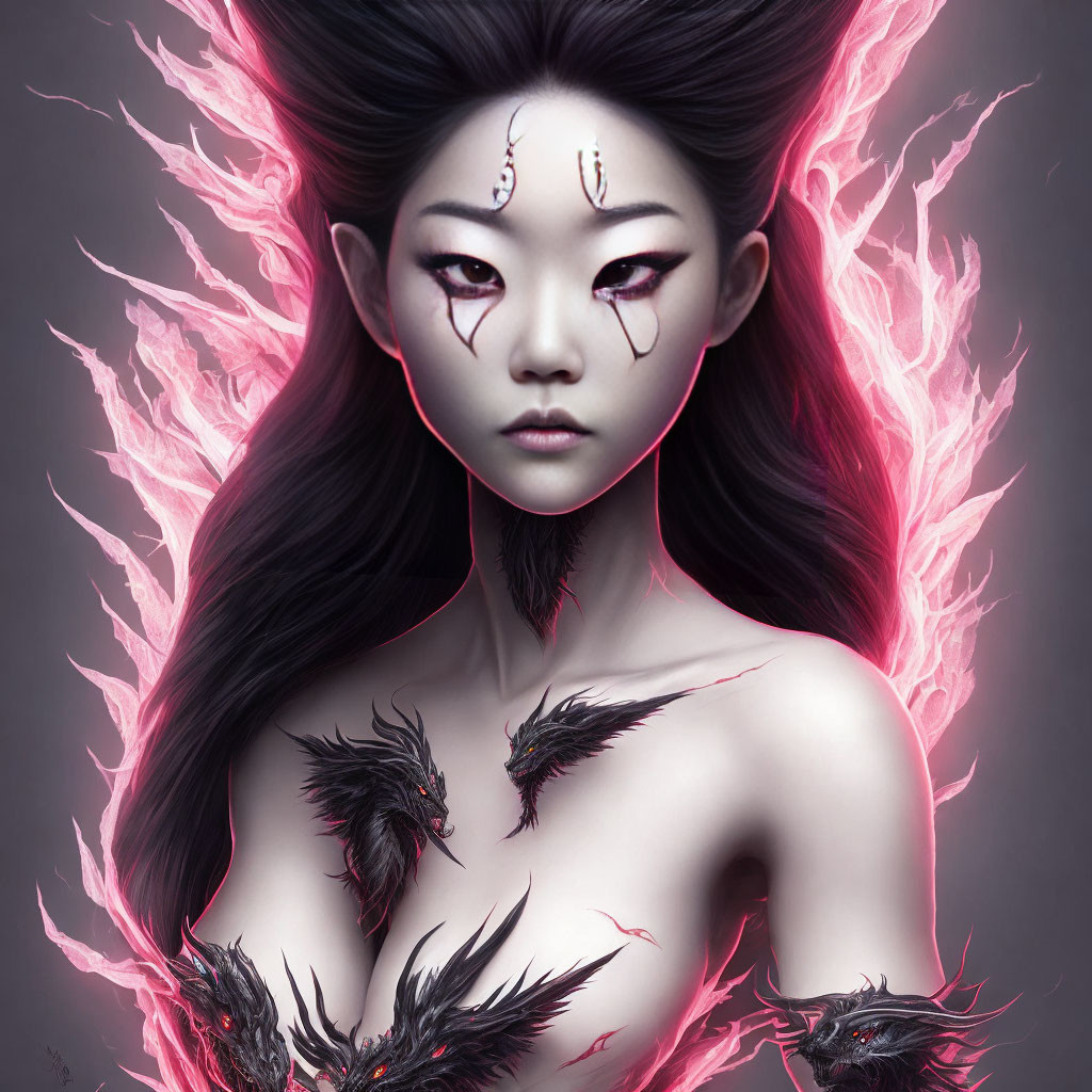 Fantasy character digital artwork with pale skin, dark hair, red eyes, and glowing energy.