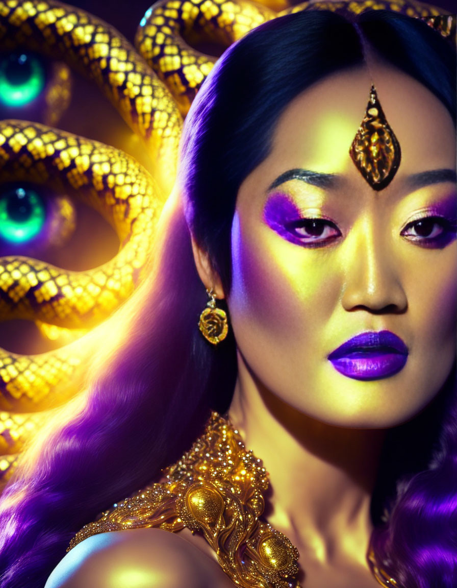 Woman with purple lighting and golden jewelry, multicolored snake eyes in background