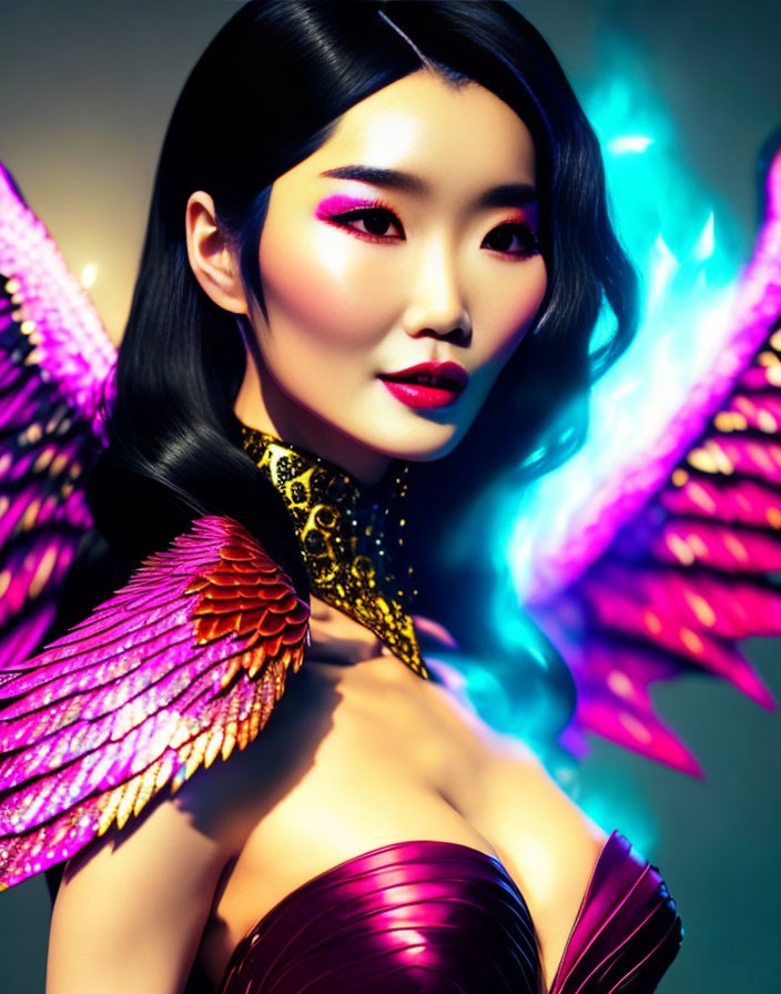 Digital artwork: Woman with butterfly wings, makeup, metallic fashion on gradient background