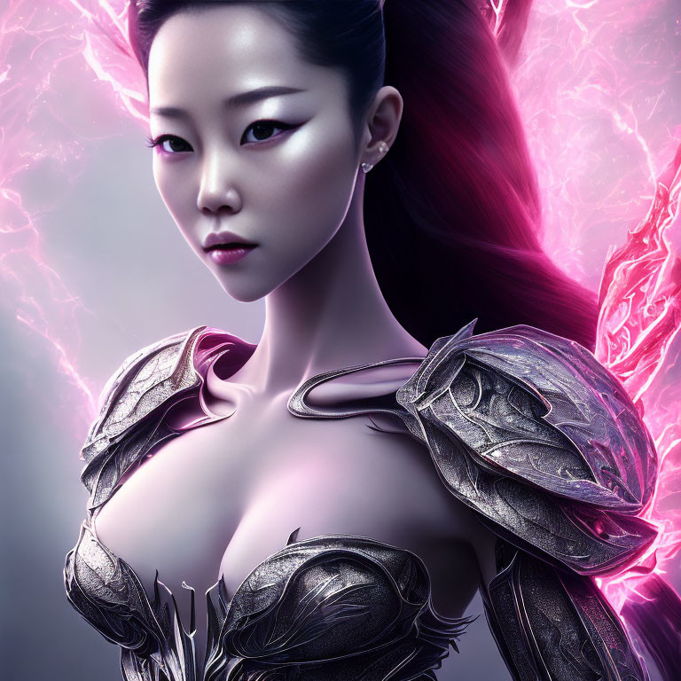 Striking makeup woman in metallic armor with pink lightning background