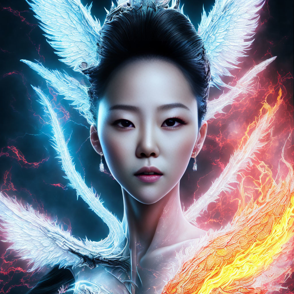 Digital artwork: Asian woman with fiery and icy wings on blue and red background