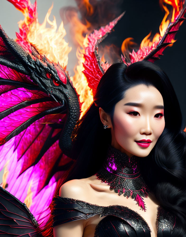 Woman with black hair and red lipstick next to a fiery-winged dragon