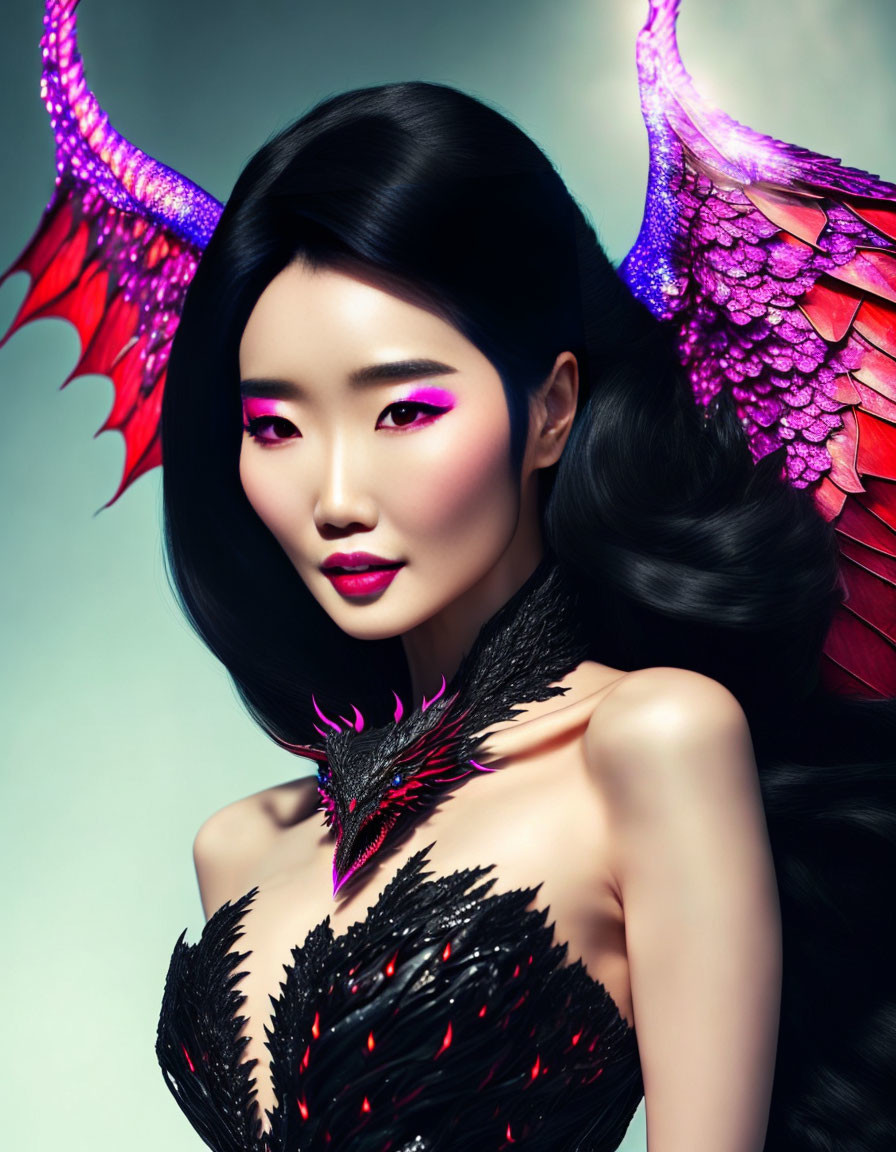 Digital Artwork: Woman with Red Winged Horns & Magenta Eyes