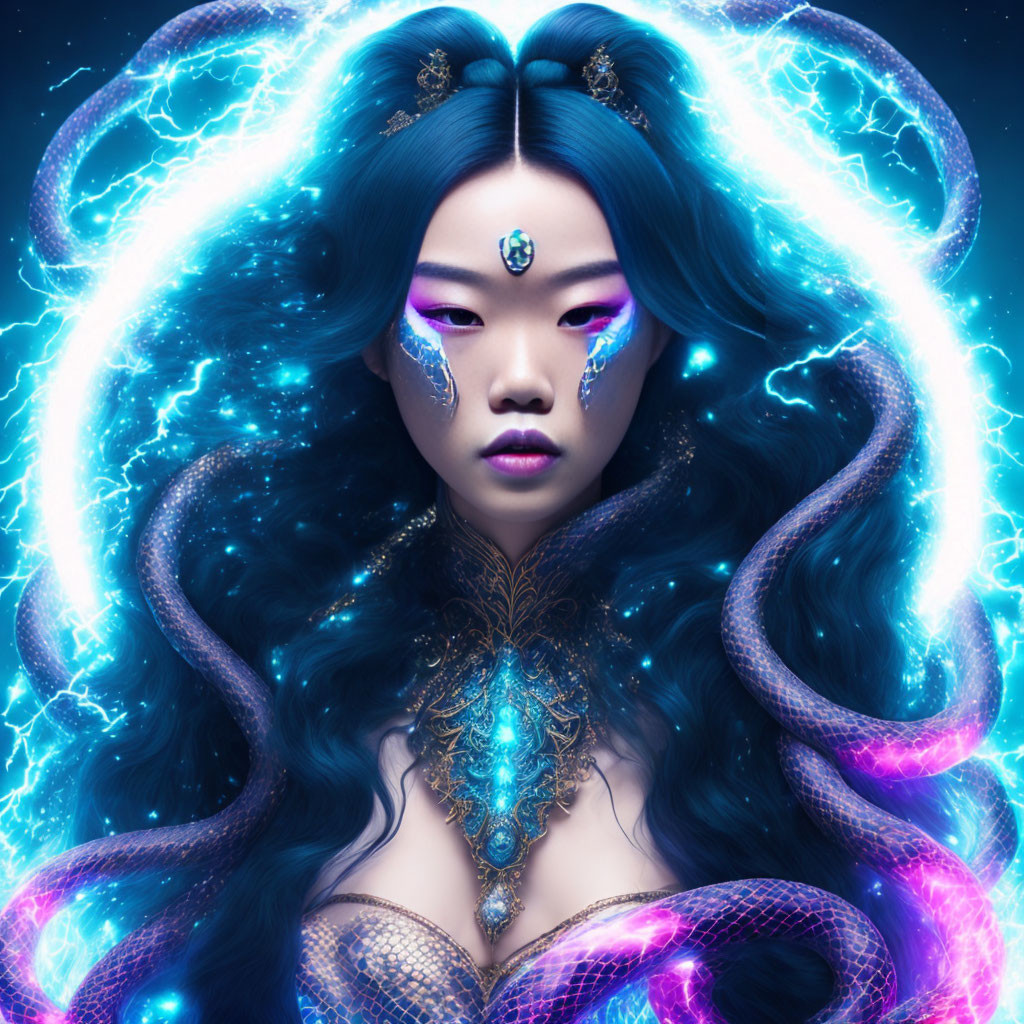 Fantastical portrait of woman with blue hair, lightning, jewelry, and mystical makeup