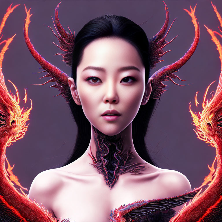 Digital artwork of intense woman with fiery dragon-like creatures on purple background