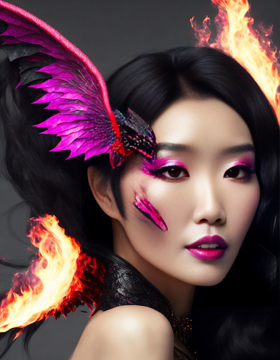 Woman with fiery makeup design merging into fantastical bird surrounded by flames