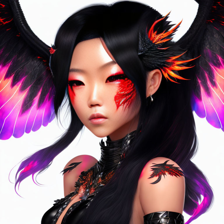 Fantastical female figure with horns, purple wings, red eye makeup, and black attire