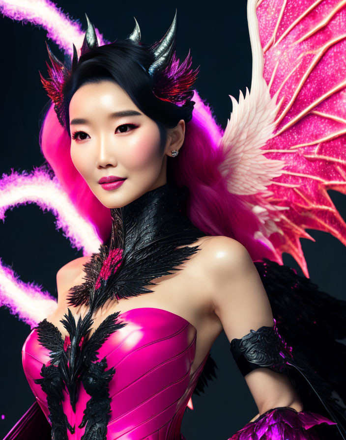 Person in pink and black costume with wings on dark background