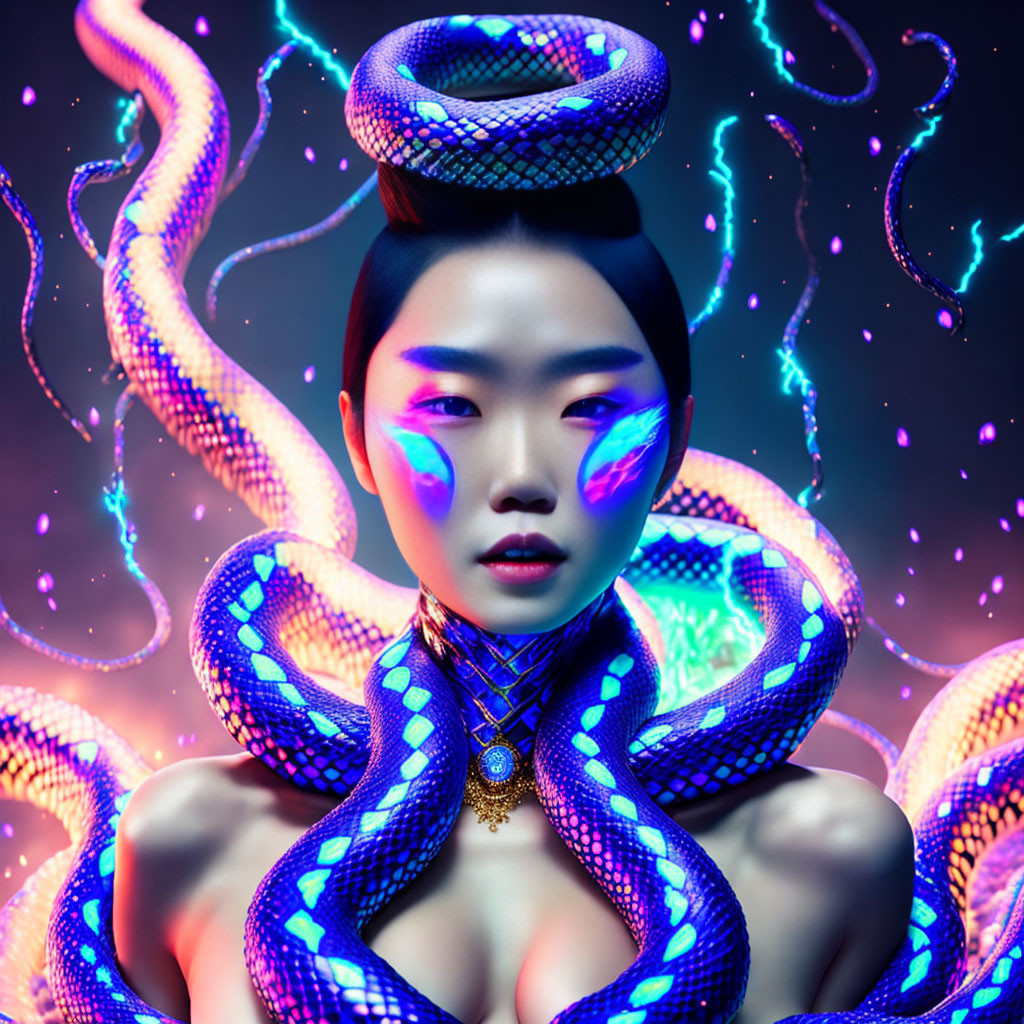 Digital artwork: Woman with glowing blue makeup and neon snakes on dark backdrop with electric accents