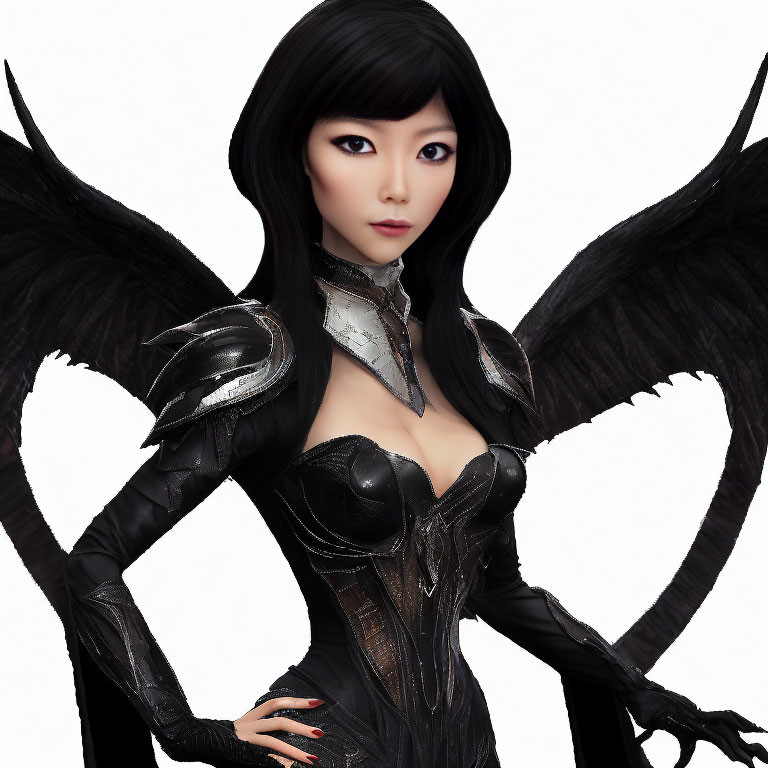 Digital artwork of woman with black angel wings in dark fantasy armor