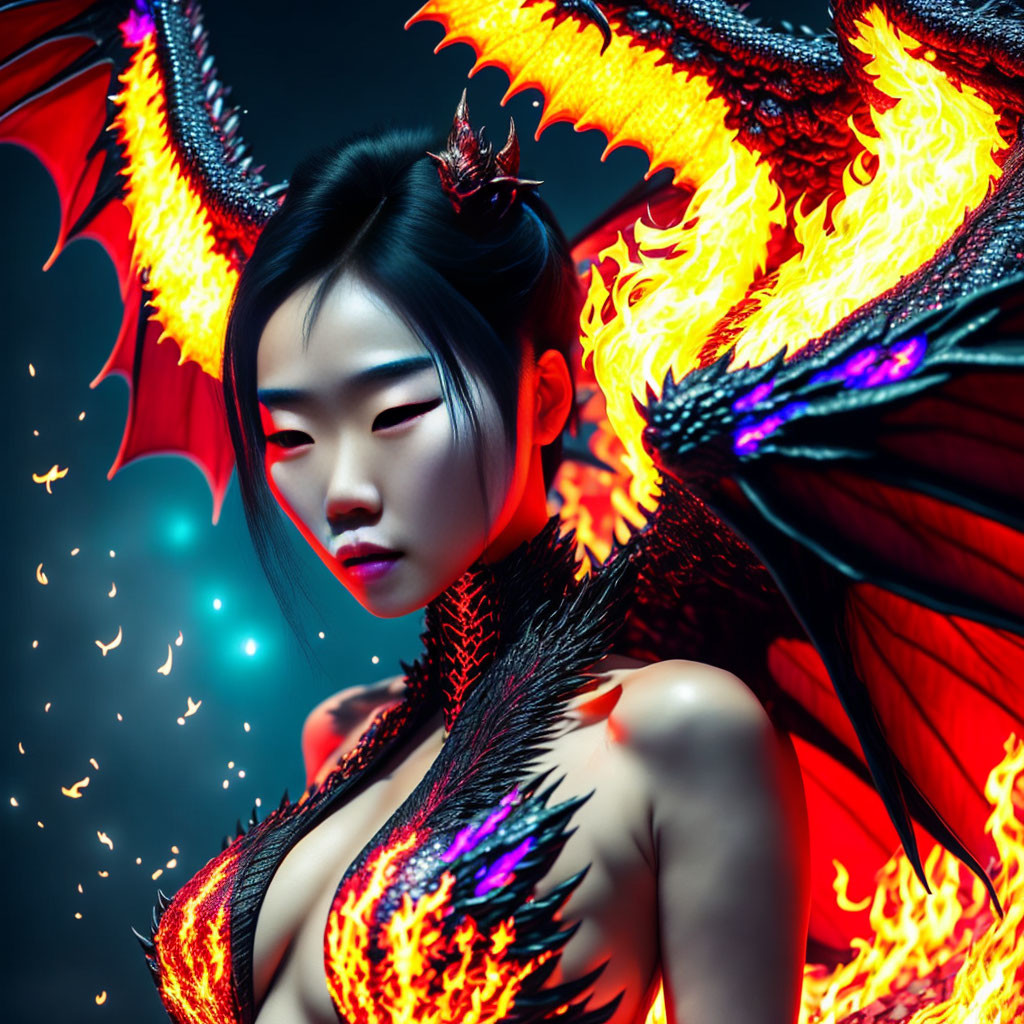 Fiery-winged woman in fantasy attire against mystical backdrop