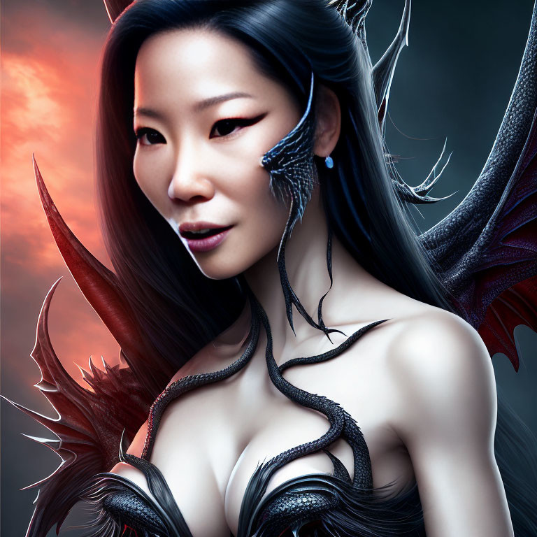 Fantasy portrait of woman with dragon-like features and smoky backdrop