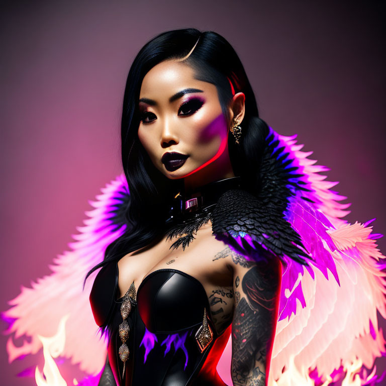 Woman with Bold Makeup, Tattoos, Black Corset, and Vibrant Feathered Wings