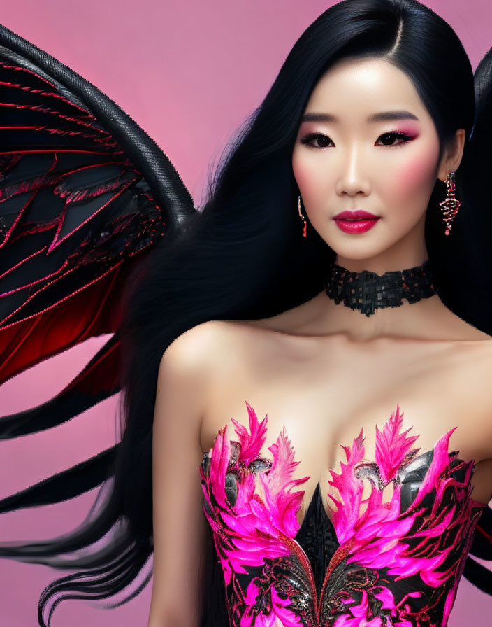 Woman with black hair, striking makeup, dark feathery wings, vibrant pink and black dress on