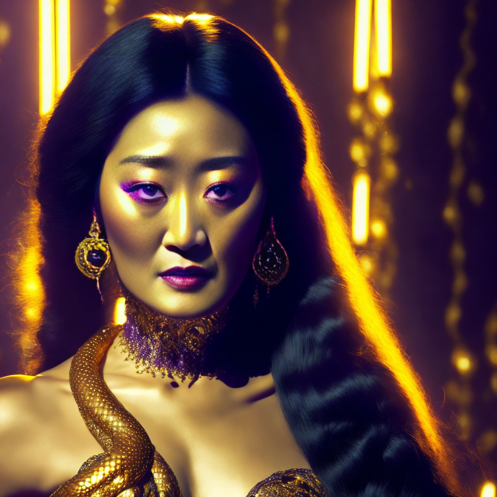 Woman with striking makeup and golden snake in yellow light portrait.