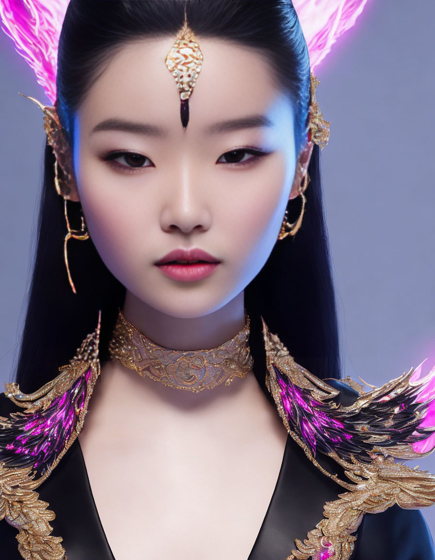 Woman with Striking Makeup and Gold Jewelry on Cool Background