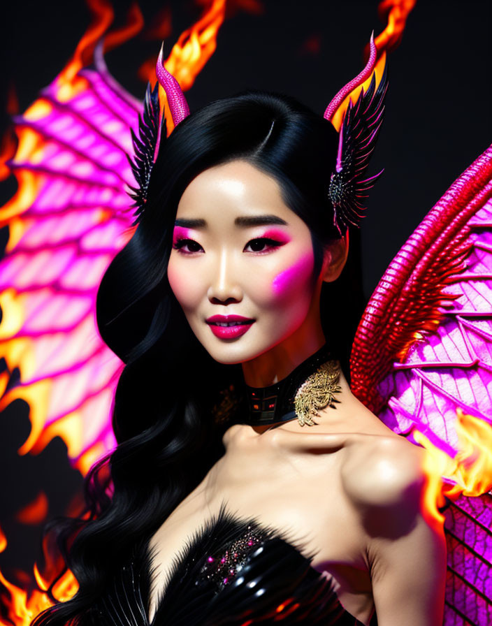 Woman with glowing fiery wings and horns in dark attire against mystical background